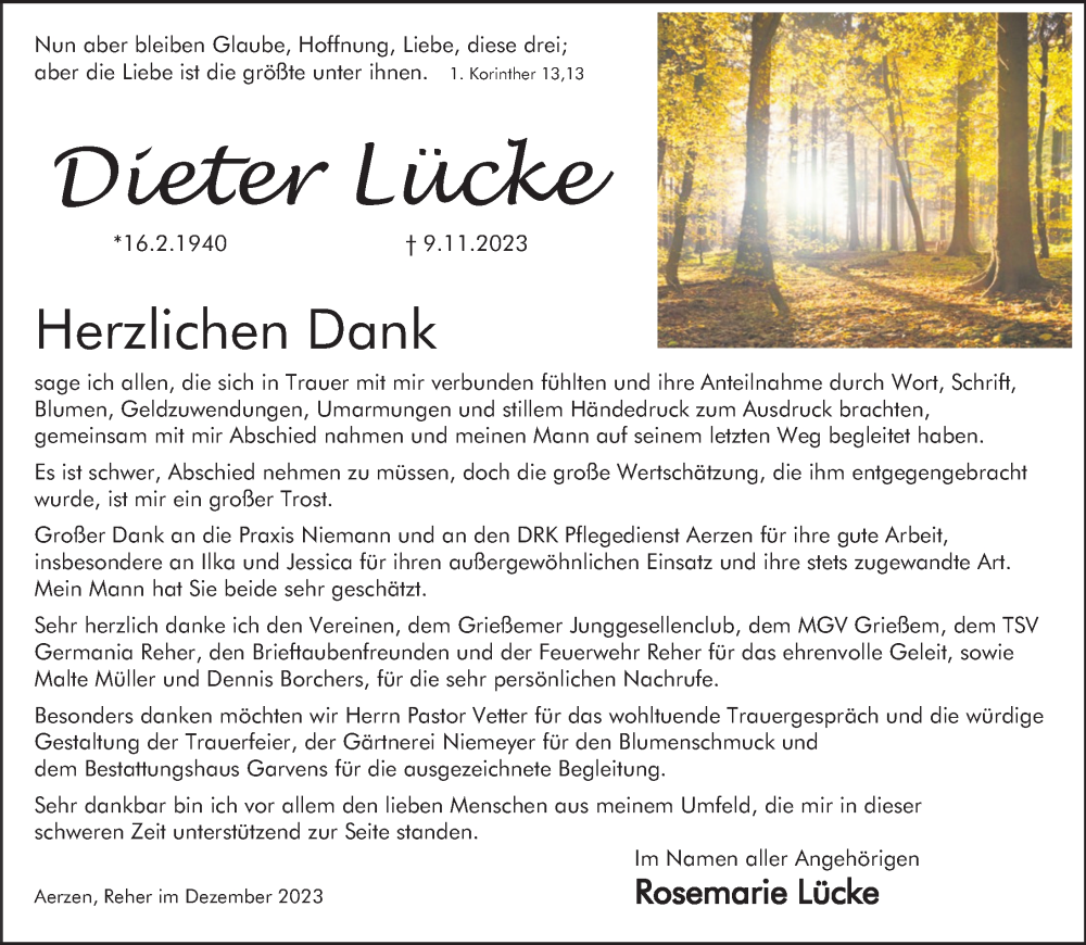  Traueranzeige für Dieter Lücke vom 09.12.2023 aus Deister- und Weserzeitung
