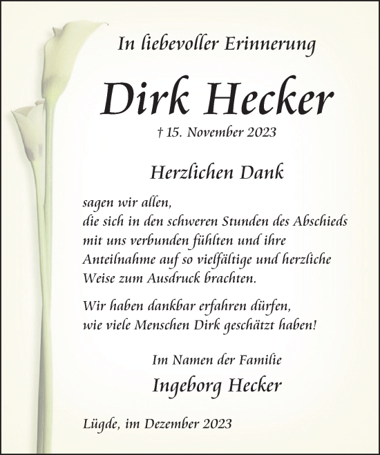Traueranzeige von Dirk Hecker von Deister- und Weserzeitung