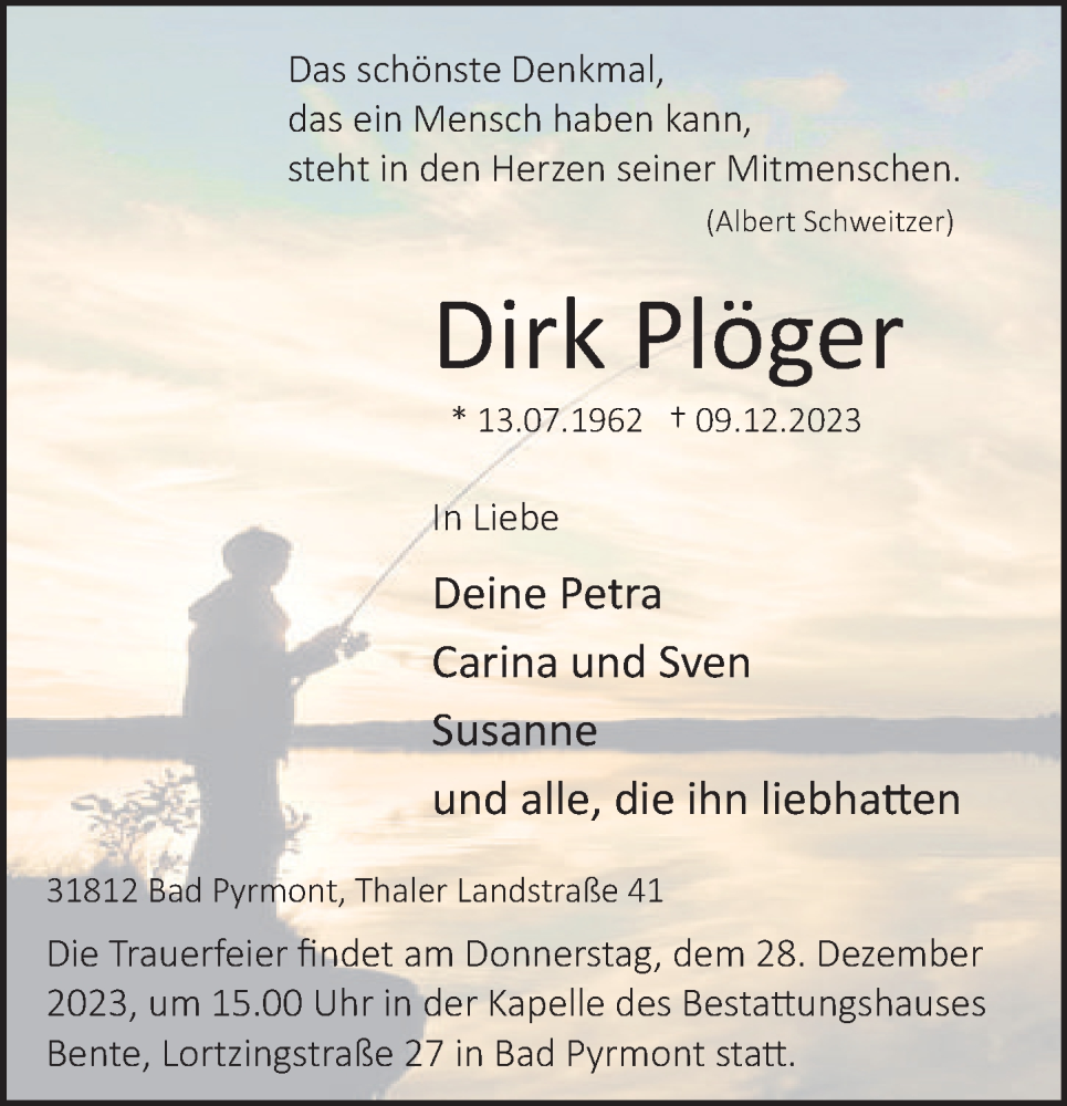  Traueranzeige für Dirk Plöger vom 15.12.2023 aus Deister- und Weserzeitung