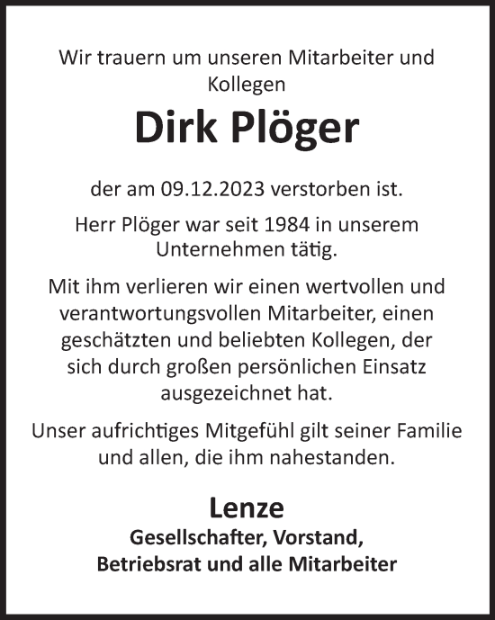 Traueranzeige von Dirk Plöger von Deister- und Weserzeitung