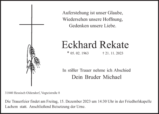 Traueranzeige von Eckhard Rekate von Deister- und Weserzeitung