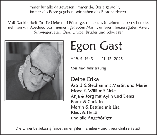 Traueranzeige von Egon Gast von Deister- und Weserzeitung