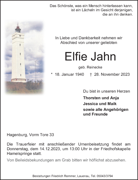 Traueranzeige von Elfie Jahn von Neue Deister-Zeitung