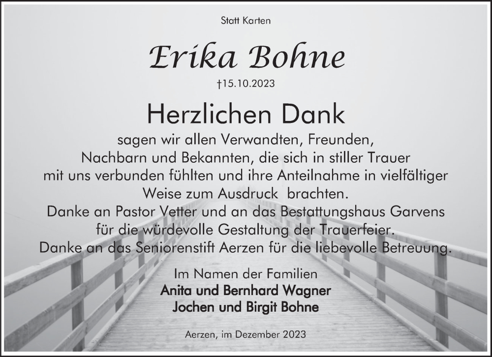  Traueranzeige für Erika Bohne vom 08.12.2023 aus Deister- und Weserzeitung