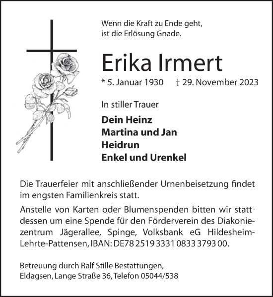 Traueranzeige von Erika Irmert von Neue Deister-Zeitung