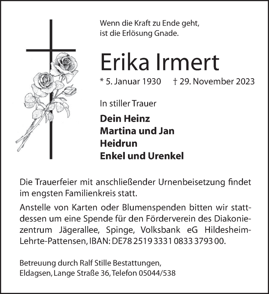  Traueranzeige für Erika Irmert vom 09.12.2023 aus Neue Deister-Zeitung