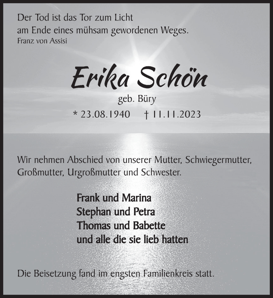  Traueranzeige für Erika Schön vom 02.12.2023 aus Deister- und Weserzeitung