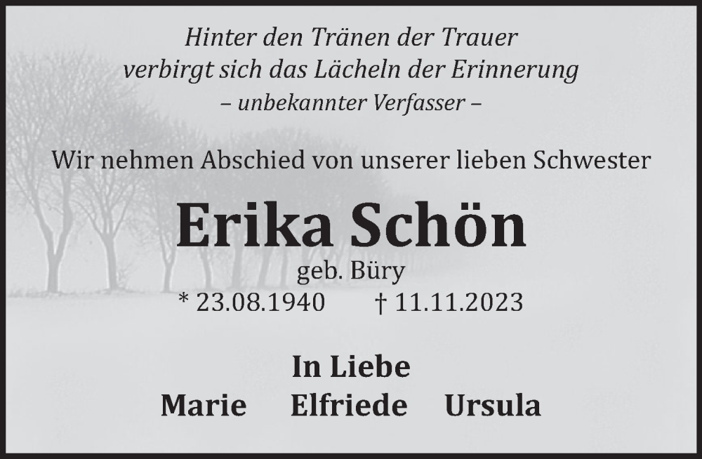  Traueranzeige für Erika Schön vom 02.12.2023 aus Deister- und Weserzeitung