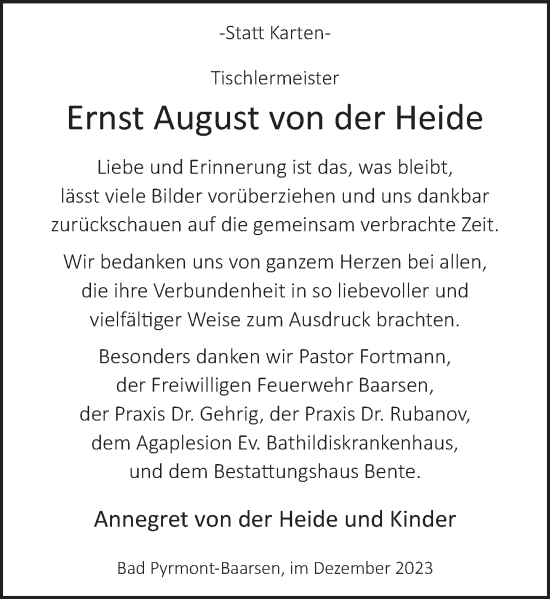 Traueranzeige von Ernst August von der Heide von Deister- und Weserzeitung