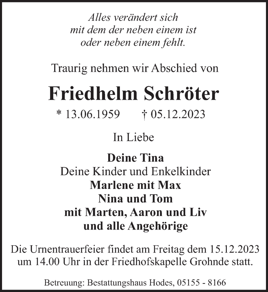  Traueranzeige für Friedhelm Schröter vom 09.12.2023 aus Deister- und Weserzeitung