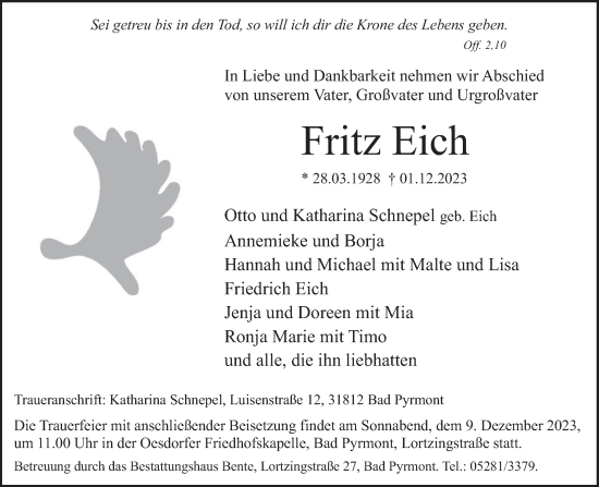 Traueranzeige von Fritz Eich von Deister- und Weserzeitung