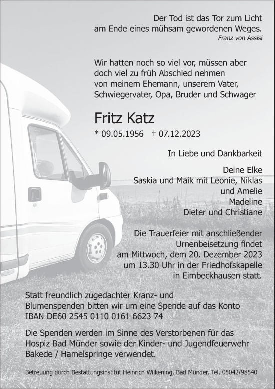 Traueranzeige von Fritz Katz von Neue Deister-Zeitung