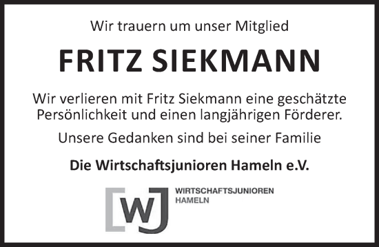 Traueranzeige von Fritz Siekmann von Deister- und Weserzeitung