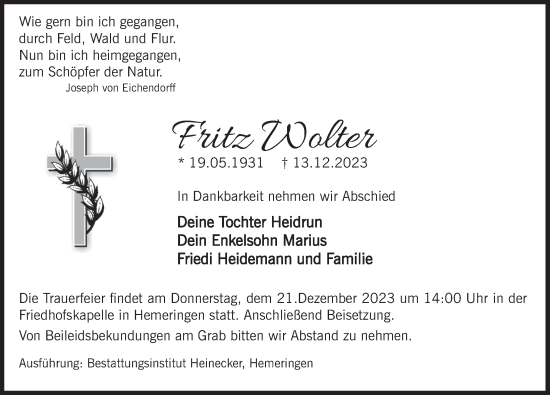 Traueranzeige von Fritz Wolter von Deister- und Weserzeitung