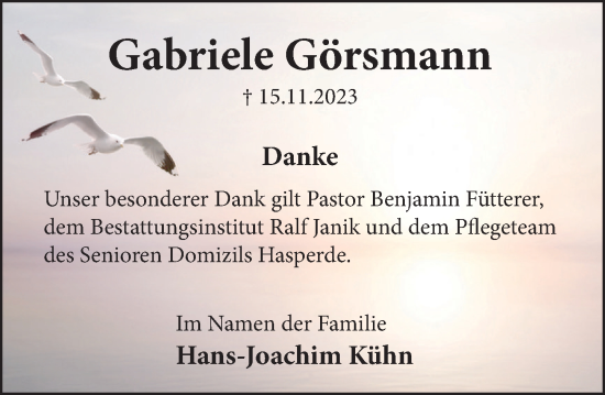 Traueranzeige von Gabriele Görsmann von Neue Deister-Zeitung