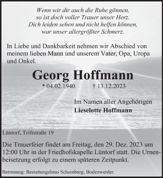 Traueranzeige von Georg Hoffmann von Deister- und Weserzeitung