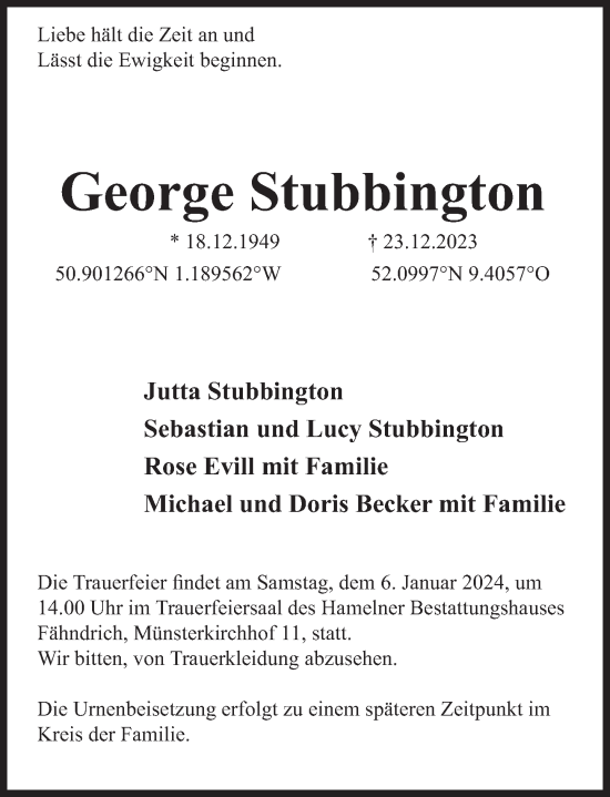 Traueranzeige von George Stubbington von Deister- und Weserzeitung