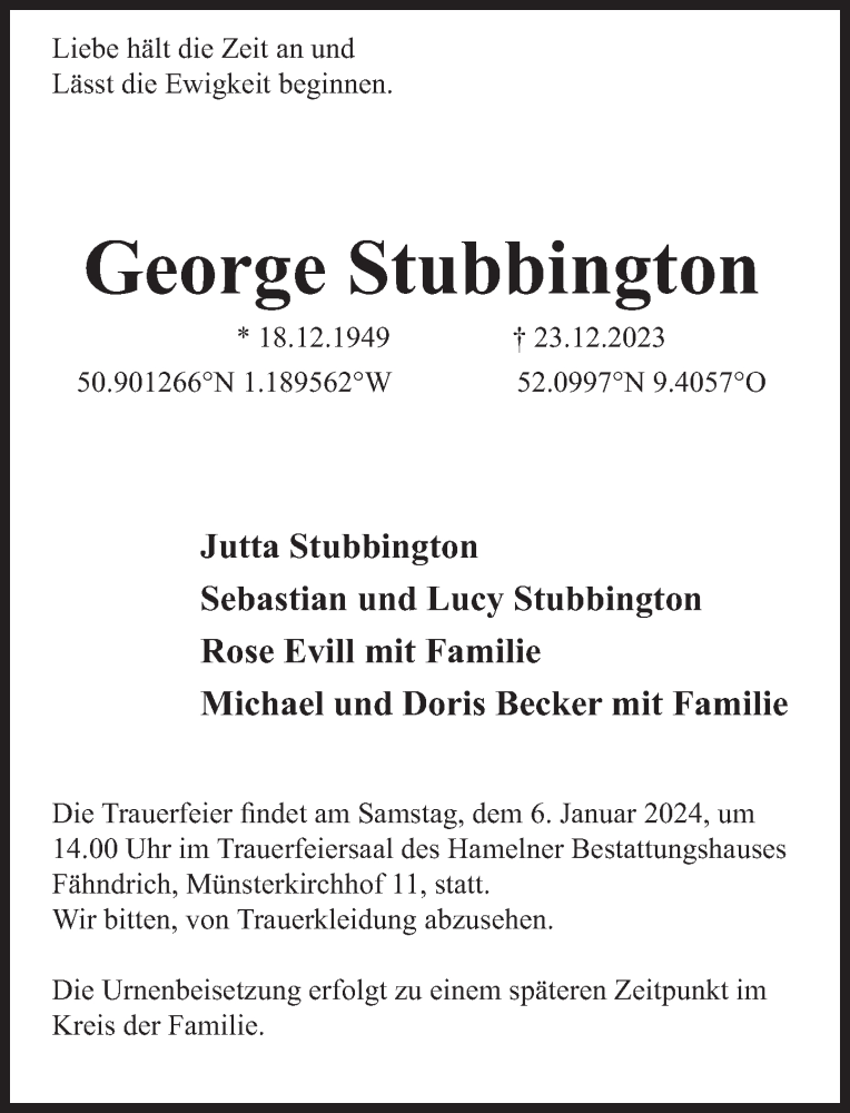 Traueranzeige für George Stubbington vom 30.12.2023 aus Deister- und Weserzeitung