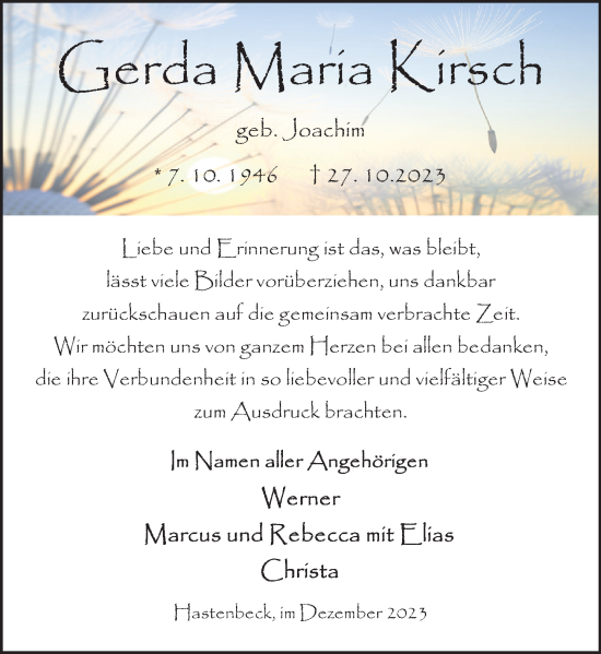 Traueranzeige von Gerda Maria Kirsch von Deister- und Weserzeitung