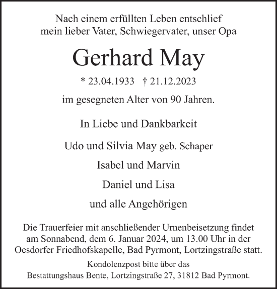 Traueranzeige von Gerhard May von Deister- und Weserzeitung