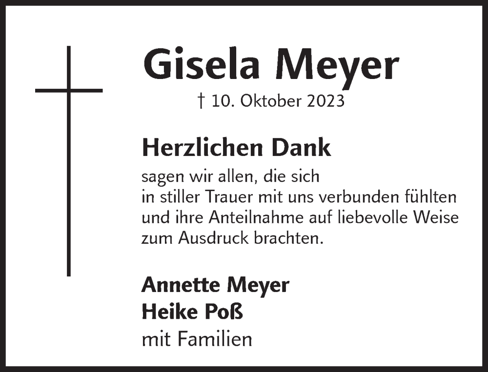  Traueranzeige für Gisela Meyer vom 09.12.2023 aus Deister- und Weserzeitung