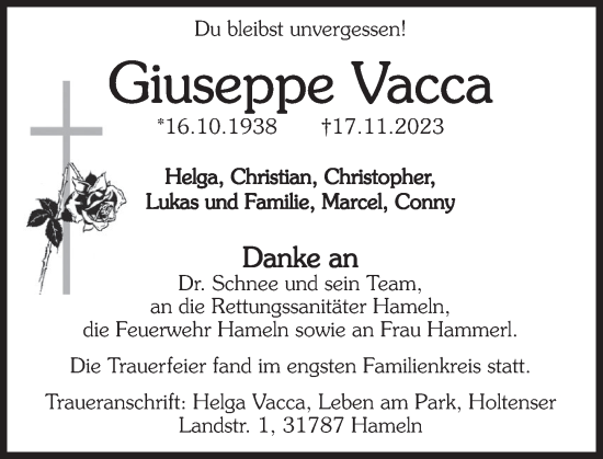 Traueranzeige von Giuseppe Vacca von Deister- und Weserzeitung