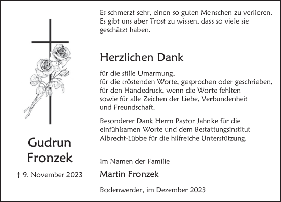 Traueranzeige von Gudrun Fronzek von Deister- und Weserzeitung