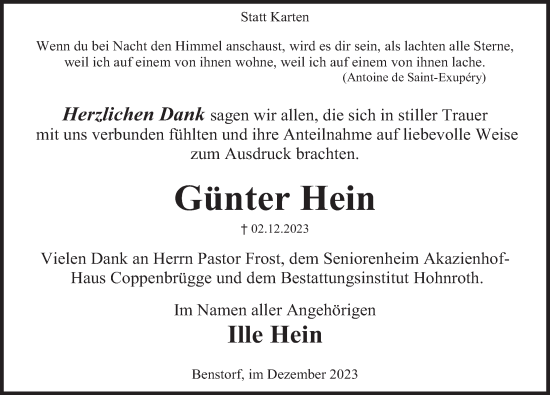 Traueranzeige von Günter Hein von Deister- und Weserzeitung