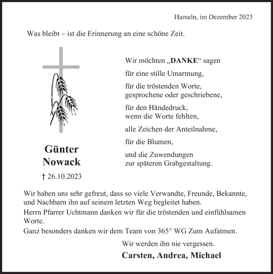 Traueranzeige von Günter Nowack von Deister- und Weserzeitung