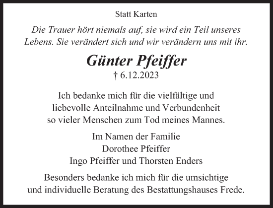 Traueranzeige von Günter Pfeiffer von Deister- und Weserzeitung