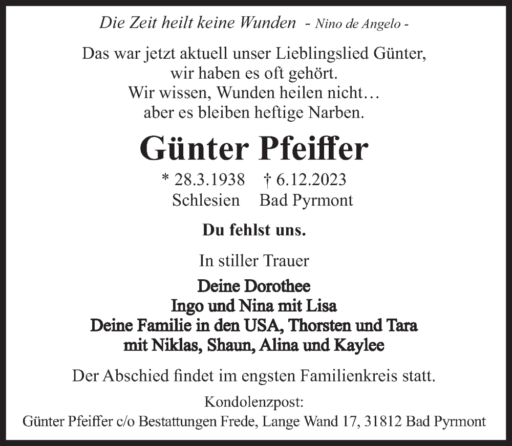  Traueranzeige für Günter Pfeiffer vom 13.12.2023 aus Deister- und Weserzeitung