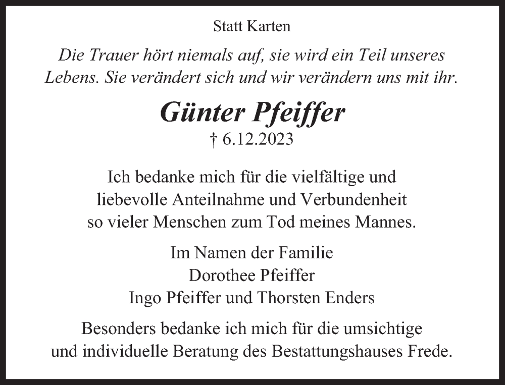  Traueranzeige für Günter Pfeiffer vom 28.12.2023 aus Deister- und Weserzeitung