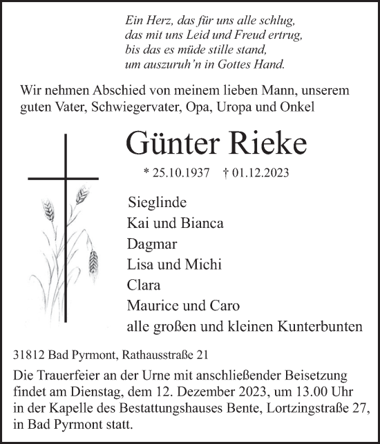 Traueranzeige von Günter Rieke von Deister- und Weserzeitung