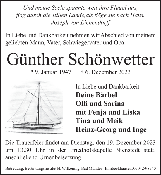 Traueranzeige von Günther Schönwetter von Neue Deister-Zeitung