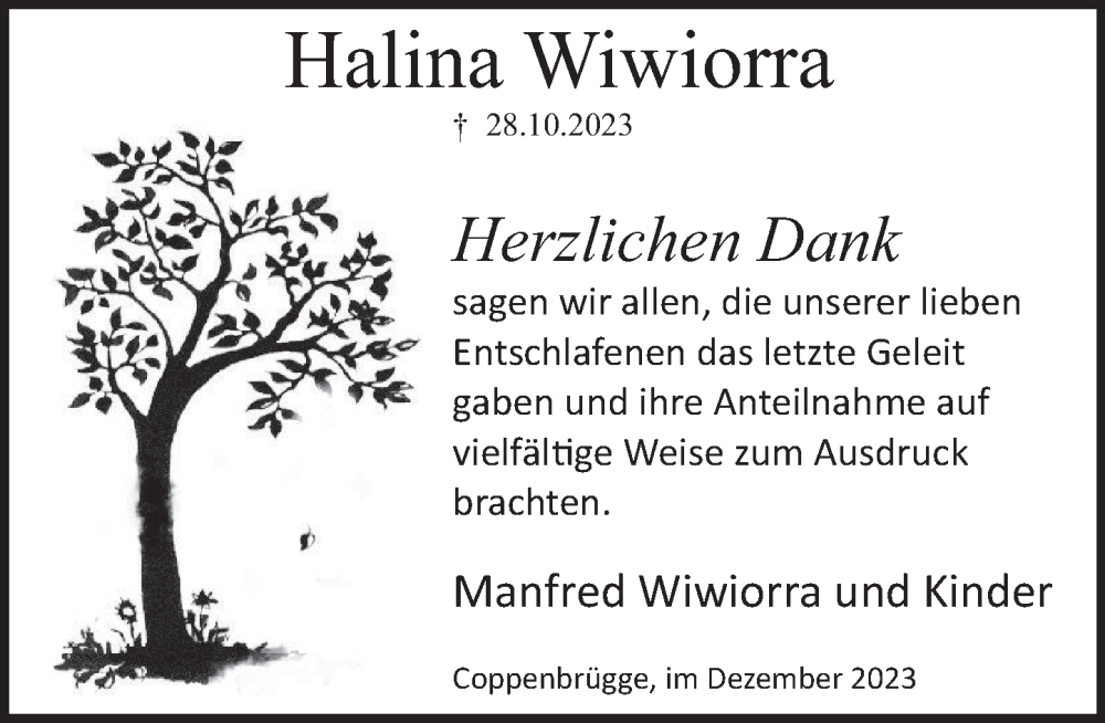  Traueranzeige für Halina Wiwiorra vom 09.12.2023 aus Deister- und Weserzeitung