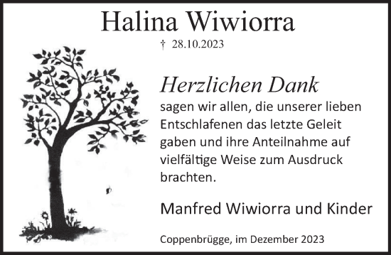Traueranzeige von Halina Wiwiorra von Deister- und Weserzeitung