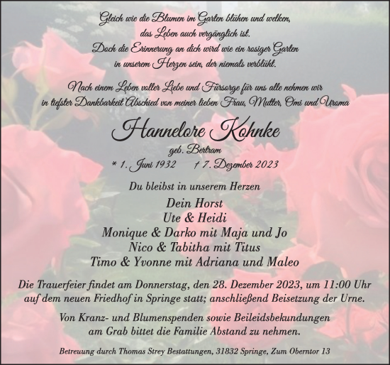 Traueranzeige von Hannelore Kohnke von Neue Deister-Zeitung