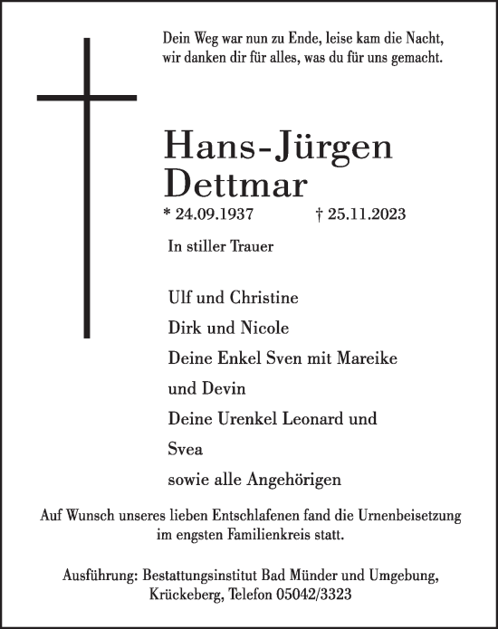 Traueranzeige von Hans-Jürgen Dettmar von Neue Deister-Zeitung