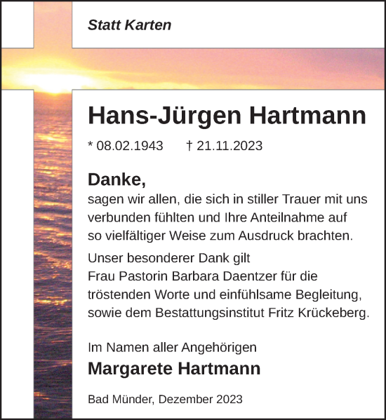 Traueranzeige von Hans-Jürgen Hartmann von Neue Deister-Zeitung