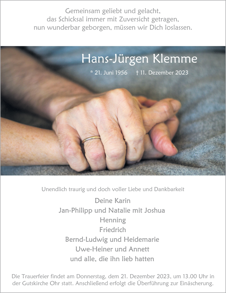  Traueranzeige für Hans-Jürgen Klemme vom 16.12.2023 aus Deister- und Weserzeitung