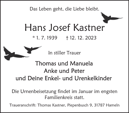 Traueranzeige von Hans Josef Kastner von Deister- und Weserzeitung