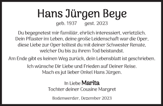 Traueranzeige von Hans Jürgen Beye von Deister- und Weserzeitung