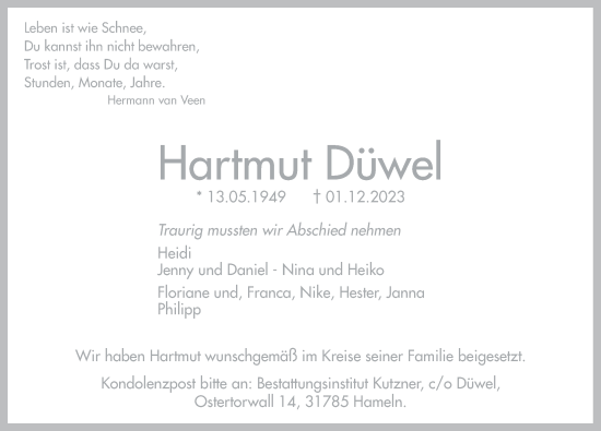 Traueranzeige von Hartmut Düwel von Deister- und Weserzeitung