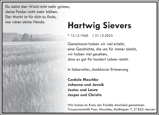 Traueranzeige von Hartwig Sievers von Deister- und Weserzeitung