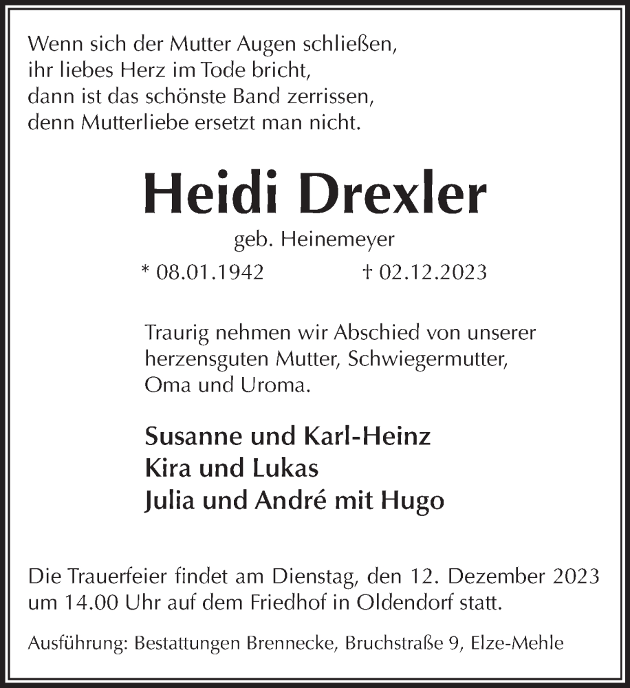  Traueranzeige für Heidi Drexler vom 06.12.2023 aus Deister- und Weserzeitung