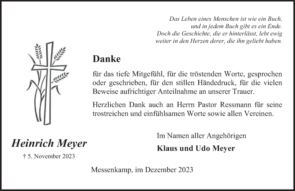  Traueranzeige für Heinrich Meyer vom 23.12.2023 aus Neue Deister-Zeitung