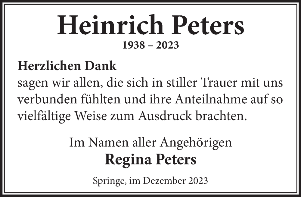  Traueranzeige für Heinrich Peters vom 16.12.2023 aus Neue Deister-Zeitung