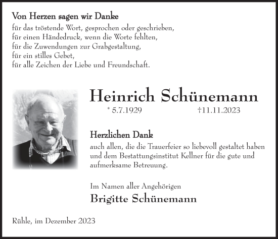 Traueranzeige von Heinrich Schünemann von Deister- und Weserzeitung