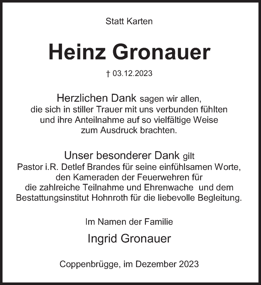  Traueranzeige für Heinz Gronauer vom 30.12.2023 aus Deister- und Weserzeitung