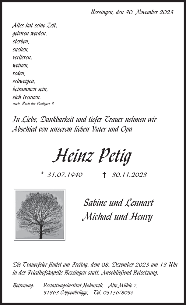  Traueranzeige für Heinz Petig vom 06.12.2023 aus Deister- und Weserzeitung